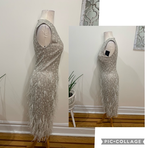 David Meister Champagne feather sleeveless lace midi dress - Picture 3 of 9